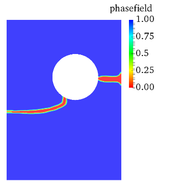 Darstellung der Phasenfeldfunktion von Rissfortschritt in EPDM Gummi nach komplettem Durchriss mit zwei verschiedenen Startrisshöhen. 